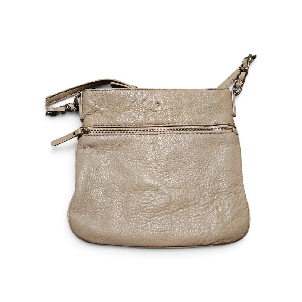 Kate Spade Beige Pebbled Leather Crossbody Bag Gold Hardware Striped Lining